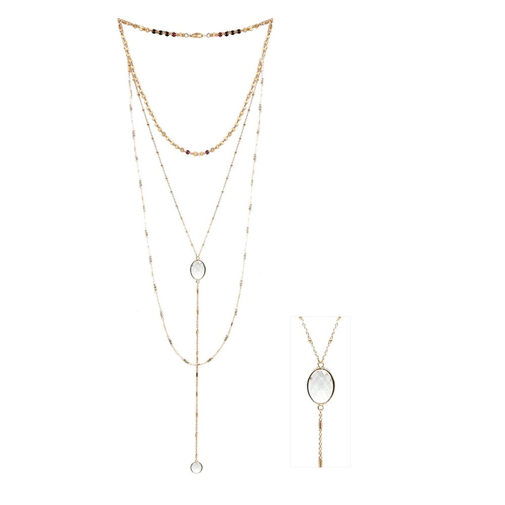 Three Layer 32"  Gold Necklace with Crystal Drop